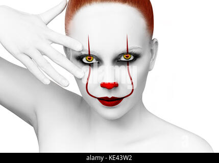 Redhead donna con scary clown grimm. Foto Stock