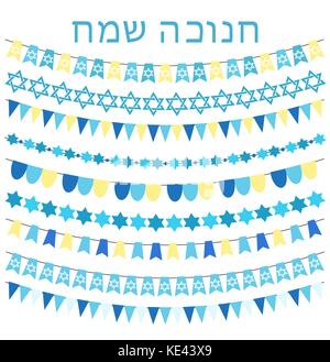 Happy Hanukkah set di ghirlande, bunting, bandiere. raccolta di elementi di design, decorazioni per una festa ebraica. isolato su sfondo bianco. illustrazione vettoriale. Illustrazione Vettoriale