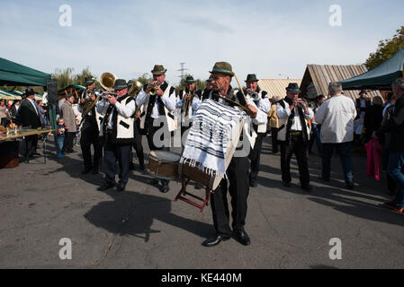 CLUJ NAPOCA, ROMANIA - 15 OTTOBRE 2017: Una tradizionale banda di ottoni che esegue musica folk rumena con strumenti a fiato durante la Fiera d'autunno Foto Stock