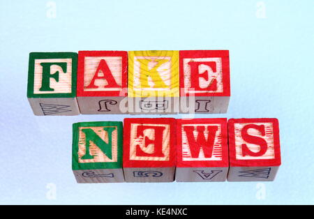 Il termine fake news, scritto correttamente visivamente, visualizzata su uno sfondo chiaro utilizzando in legno colorato blocchi giocattolo in formato paesaggio con spazio di copia Foto Stock