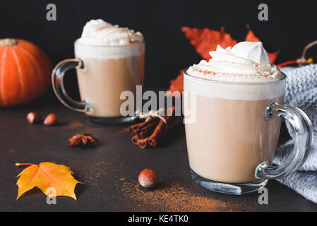 Cioccolata calda con panna montata e cannella o spezie di zucca latte con crema di latte nella tazza su sfondo scuro. orizzontale. autunno comfort food Foto Stock