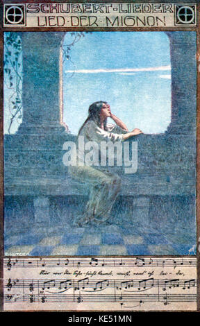 Franz Schubert - il compositore austriaco 's canzone "Lied der Mignon' (Mignon 's song). Mignon seduto e guardando fuori della finestra. Barre di musica con testi in fondo. Basato sul poema di Johann Wolfgang von Goethe. FS: 31 gennaio 1797 - 19 novembre 1828. Gml, poeta tedesco e autore: 28 agosto 1749 - 22 Marzo 1832. Foto Stock
