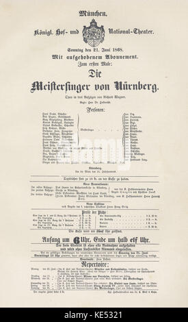 Premiere poster per Richard Wagner 's opera Die Meistersinger von Nurnberg 21 Giugno 1868. Creatori di ruoli mallinger Diez, Nachbaur, Schlosser, Betz, oelzel, condotto da von Bulow. Compositore tedesco & autore, 22 maggio 1813 - 13 febbraio 1883. Foto Stock