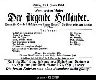 Flying Dutchman (Der fliegende Höllander) - serata di apertura programma per la premiere di Berlino il 7 gennaio, 1844 presso il Royal Playhouse, Berlino. Wagner ha agito come conduttore per questa prestazione. RW: compositore tedesco & autore, 1813-1883. Foto Stock