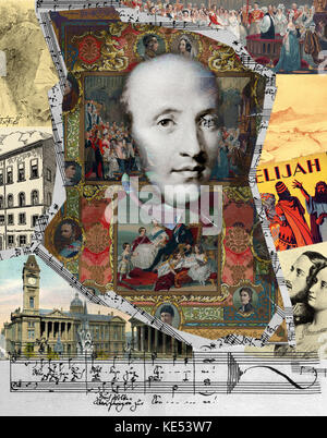 Felix Mendelssohn collage da Oscar Vila . . Compositore tedesco, 3 febbraio 1809 - 4 novembre 1847. Foto Stock