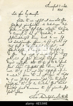 Felix Mendelssohn lettera 1845, 11 febbraio. Inviato a Johannes Verhulst, Kapellmesiter all'Aia. Nella lettera egli gli chiede di aiutare la lettera bearer, un giovane violinista belga (Tingry) e compositore che M pensa è di grande talento . Esempi di M la natura generosa. Compositore Tedesco, 1809-1847 del compositore tedesco, 3 febbraio 1809 - 4 novembre 1847. Foto Stock