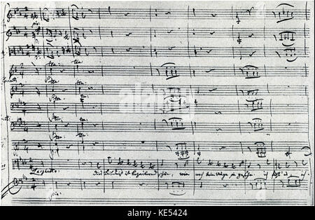 Mozart 's Flauto Magico - manoscritto originale , K620. Opera composta nel 1791. Wolfgang Amadeus Mozart: Il compositore austriaco, 27 Gennaio 1756 - 5 dicembre 1791. Foto Stock