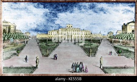 Palazzo Esterhaza, vista con giardini di Haydn di tempo. Costruito nel 1766 in imitazione di Versailles dai principi Esterhazy. Dal 1766 Haydn è stato in carica della opera house e il teatro delle marionette, così come il castello di opera. Il compositore austriaco 1732-1809. Versione Colorised. Foto Stock