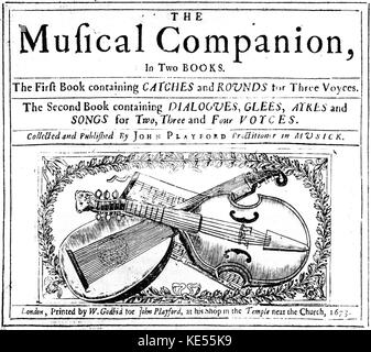 " Il compagno musicale' - Pagina del titolo della prima edizione .Letture pagine, ' 'Il compagno musicale' in due libri. Il primo libro contenente le catture e arrotonda per tre Voyces. Il secondo libro containin dialoghi, Glees, Ayres e canzoni per due, tre e quattro Voyces.". Stampato byW. Godbid, per John Playford, presso il suo negozio nel tempio vicino alla chiesa, 1673.". JP: Inglese Editore, 1623 - 1686. Foto Stock