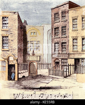 George Frideric Handel 'Messiah' è stato prodotto per la prima volta qui in 1742, a Neal's Music Hall su Fishamble Street Dublin. Disegno di F.W. Fairhold (1814-1866). Compositore tedesco-inglese (1685 -1759 ). Versione Colorised. Foto Stock