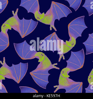 I pipistrelli, disegnati a mano doodle, schizzo in pop art style, profilo bianco, perfetta design pattern su sfondo blu Foto Stock