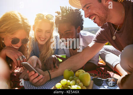 I giovani amici che testano con il telefono cellulare, godendo picnic estivo soleggiato Foto Stock