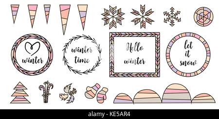 Retro Vintage design tipografico elementi. frecce, etichette, catrami, fiocchi di neve, ghiaccioli, telaio, snowbanks Illustrazione Vettoriale