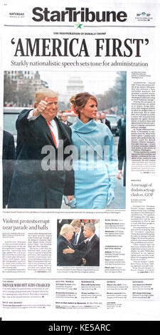 Prima pagina del giornale Minneapolis StarTribune il 21 gennaio 2017 che riporta l'inaugurazione del presidente Trump. Minneapolis, Minnesota, Minnesota, Stati Uniti Foto Stock