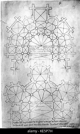 Questa pagina dello Sketchbook di Villard de Honnecourt, risalente al XIII secolo, mostra disegni architettonici e ingegneristici dettagliati. Villard de Honnecourt era un architetto e ingegnere francese noto per i suoi primi lavori in stile gotico. Foto Stock