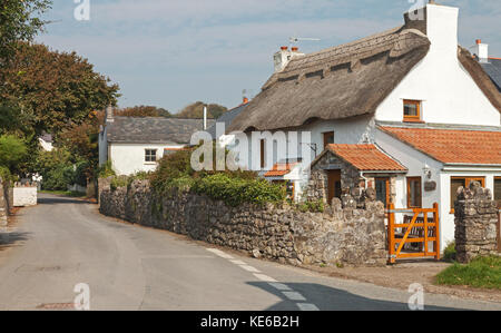 Cottage con il tetto di paglia, Port Eynon village, Penisola di Gower, Swansea, South Wales, Regno Unito Foto Stock