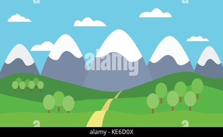 Cartoon panoramico paesaggio di montagna con cielo blu, il bianco delle nuvole, alberi, neve sulle cime, colline e attraverso le montagne - illustrazione vettoriale, fla Illustrazione Vettoriale