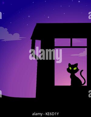 Silhouette di un giallo occhi gatto seduto in una stanza sotto il viola blu cielo Illustrazione Vettoriale