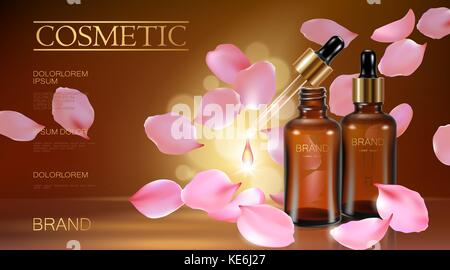 3D realistici fiore naturale organico annuncio cosmetici. rosa petalo di rosa in vetro marrone essenza del siero viso goccioline di olio cura. bottiglia pipetta golden poster promozionali modello illustrazione vettoriale Illustrazione Vettoriale