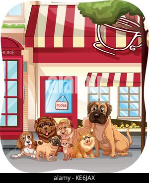 Cani seduti di fronte al coffee shop Illustrazione Vettoriale