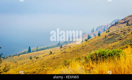 Fumo sospeso sul lago Kamloops nella Columbia Britannica centrale. Il fumo proviene dai numerosi incendi boschivi dell'estate del 2017 Foto Stock