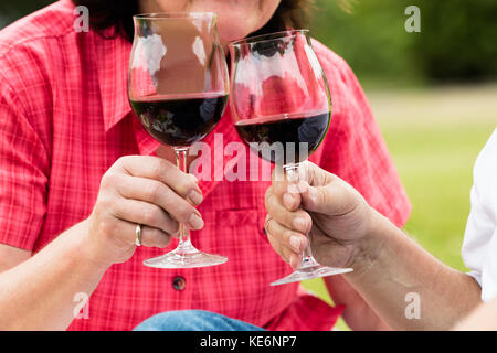 Close-up di coppia Senior tostare il bicchiere di vino Foto Stock