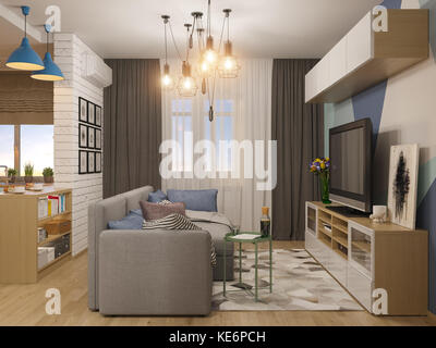 illustrazione 3d per il design degli interni di salotto e cucina. Moderno monolocale in stile scandinavo minimalista Foto Stock