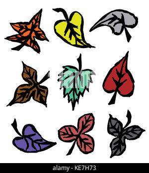 Grunge Foglie di autunno. disegnati a mano. Illustrazione Vettoriale