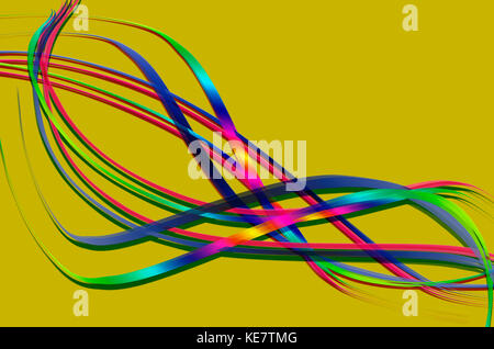 Ondulata color arcobaleno intersecante strisce sottili su sfondo giallo Foto Stock