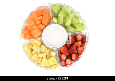 Vista superiore frutta con dip Foto Stock