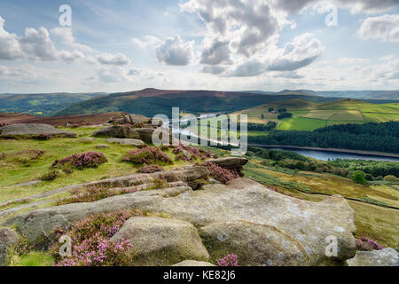 Una vista sul serbatoio Ladybower dal bordo Derwent nel Parco Nazionale di Peak District nel Derbyshire Foto Stock