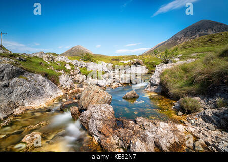 Il Allt Aisridh, un torrente di montagna che scorre a Loch Saplin a Torrin sull'Isola di Skye in Scozia Foto Stock