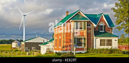 Una casa colonica con un fienile, silo e turbina a vento dietro di esso e il pascolo di bestiame in un campo; Flesherton, Ontario, Canada Foto Stock