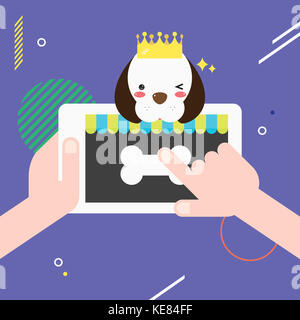 Mani e toccando smartphone con un grazioso cucciolo Foto Stock