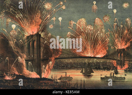 Il grande display di fuochi d'artificio e illuminazioni: all'apertura del grande ponte di sospensione tra New York e Brooklyn la sera del 24 maggio 1883 Foto Stock