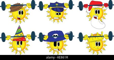 Cartoon weightlifter sun il sollevamento barbell. raccolta con costume. vettore di espressioni set. Illustrazione Vettoriale