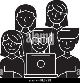 Amici guardando notebook - 5 persone icona, illustrazione vettoriale, segno nero su sfondo isolato Illustrazione Vettoriale