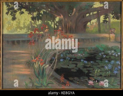 Una fotografia di fiori di loto nel parco di Palermo, catturata da Kazimierz Stabrowski. L'immagine mostra le vivaci piante acquatiche che fioriscono nell'ambiente sereno del parco. Foto Stock