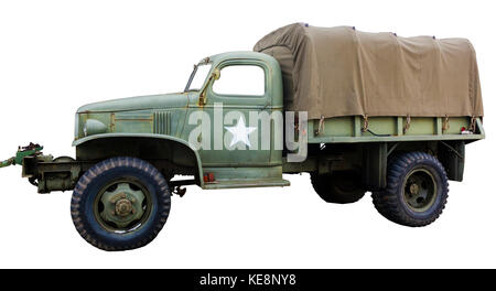 Vista laterale di isolato verde vintage army truck con stella bianca. Foto Stock
