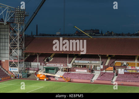 L'Archibald Leitch progettato cavalletto principale a Tynecastle viene sostituito nella ricostruzione dei cuori " campo di calcio, Edimburgo, Scozia, Regno Unito Foto Stock