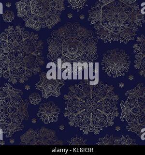 Floral seamless pattern con fiocchi di neve stilizzati. golden line il simbolo del fiocco di neve su sfondo blu scuro. Illustrazione Vettoriale