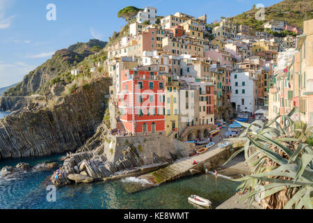 Vista sulla città e sul porto con le sue case colorate a Riomaggiore, cinque Terre, Liguria, Italia Foto Stock