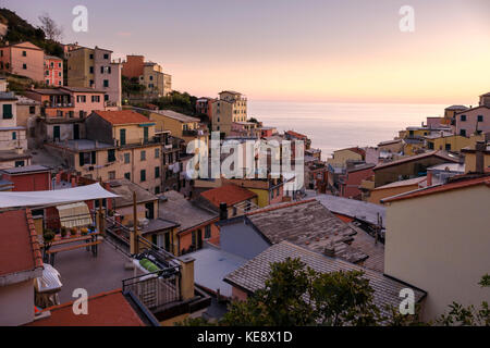Vista sulla città con le sue case colorate a Riomaggiore, cinque Terre, Liguria, Italia Foto Stock