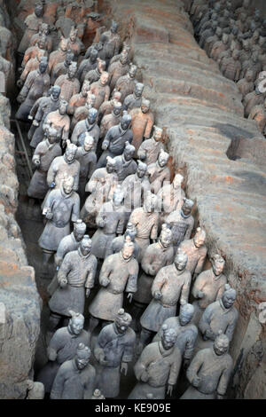 A piedi più vicino per i guerrieri di terracotta a Xi'an, Cina. Si tratta di una tomba del complesso che sepolto il primo imperatore della Cina. Le figure includono guerrieri, char Foto Stock