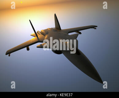 Black jet da combattimento in volo con susnet Foto Stock