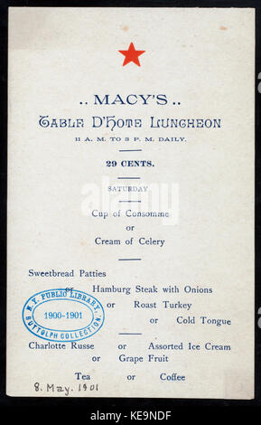 Tabella D'Hote pranzo (detenute da) MACY'S (a) (NEW YORK) (RESTO;) (NYPL ADE 276264 471328) Foto Stock