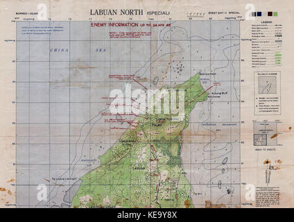 Mappa del nord Labuan contrassegnati con stima le posizioni giapponesi e invasione Alleata spiagge come di Aprile 1945 Foto Stock