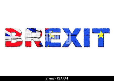 Brexit parola isolata con i colori dalla bandiera dell'Unione europea (UE) e il Regno Unito (UK) dipinte con intensi colori luminosi su legno incrinato Foto Stock