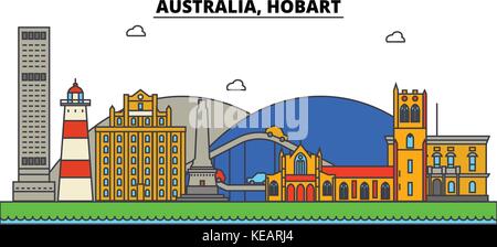 Australia, Hobart. skyline della città di architettura, edifici, strade, silhouette, paesaggio, panorama, Landmarks. corse modificabile. piatta linea design illustrazione vettoriale concetto. isolato set di icone Illustrazione Vettoriale