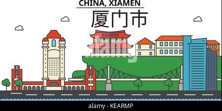 Cina, Xiamen. skyline della città di architettura, edifici, strade, silhouette, paesaggio, panorama, Landmarks. corse modificabile. piatta linea design illustrazione vettoriale concetto. isolato set di icone Illustrazione Vettoriale